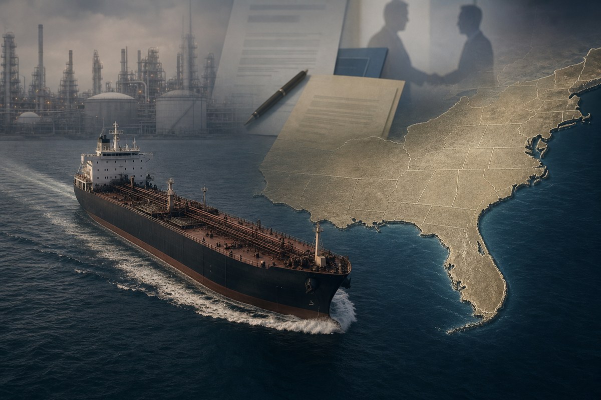 Editorial illustration of a diesel tanker approaching a U.S. coastline near refinery silhouettes.