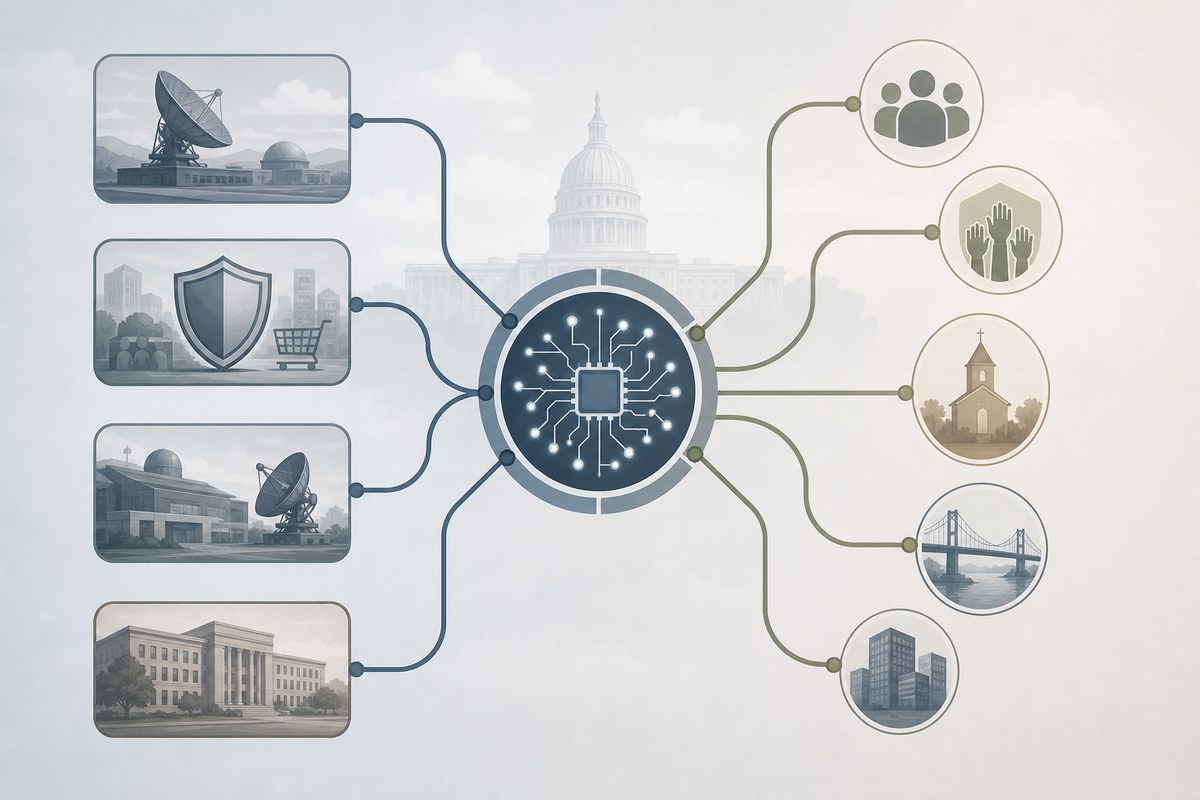 A conceptual diagram connecting four federal functions to AI stakeholders.