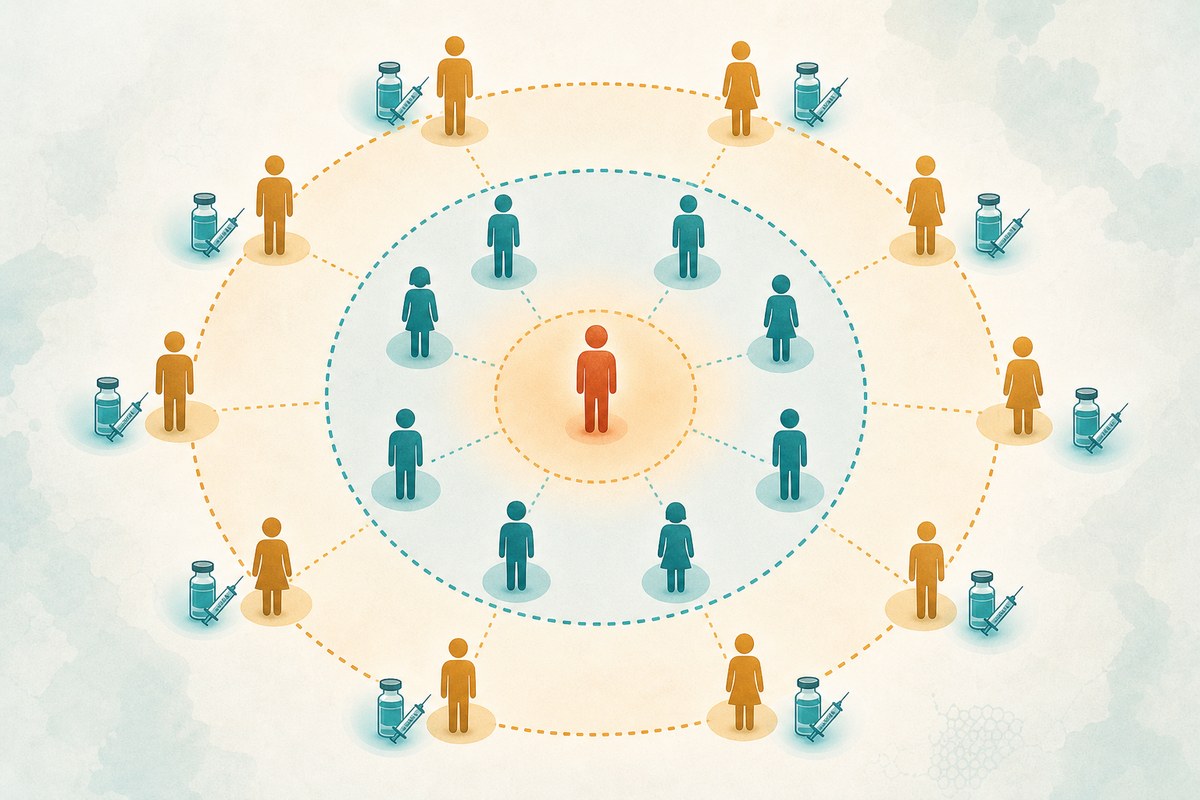 Conceptual diagram showing vaccination focused on contacts around a confirmed case.