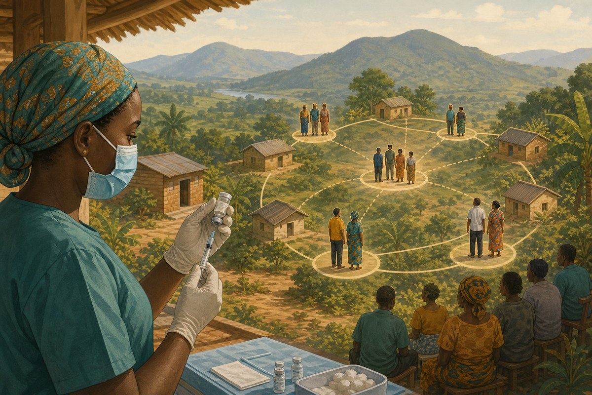 Illustration of a vaccination team and a circular contact network in eastern Congo.