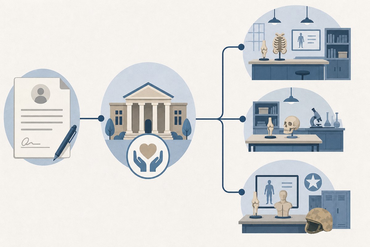 A conceptual diagram of a body-donation program transferring remains to several medical training settings.