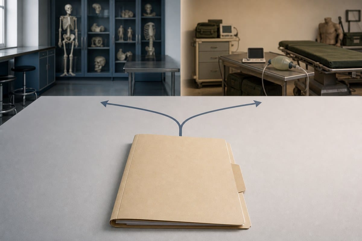 A donation consent folder with abstract pathways toward two medical training settings.