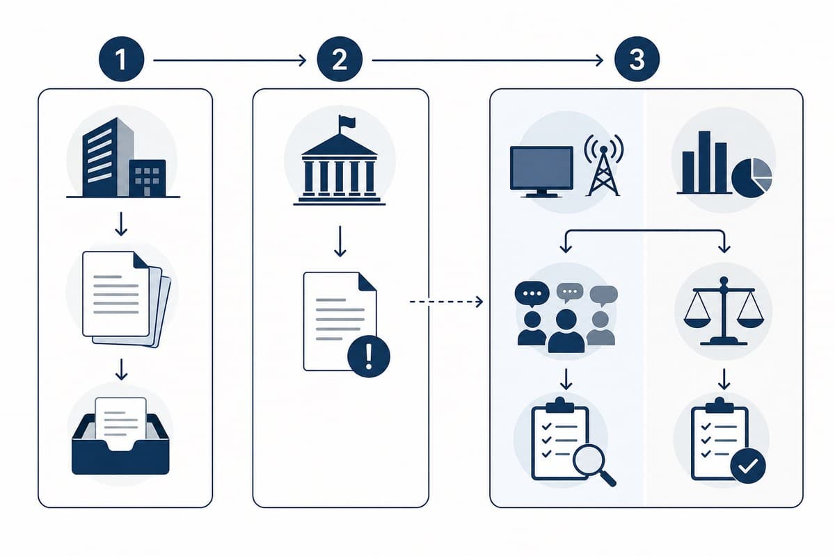 Conceptual diagram of company responses leading to possible Ofcom and CMA reviews.