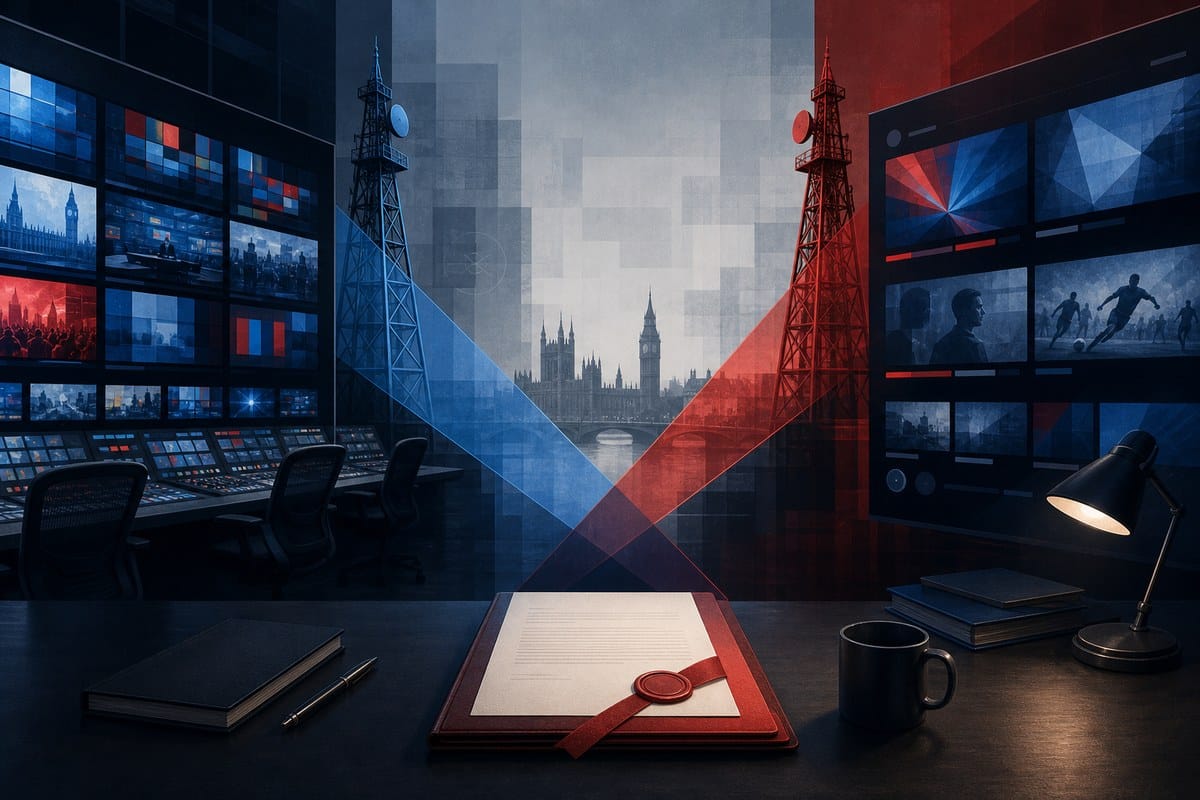 Abstract television screens and broadcast towers beside a government review document.