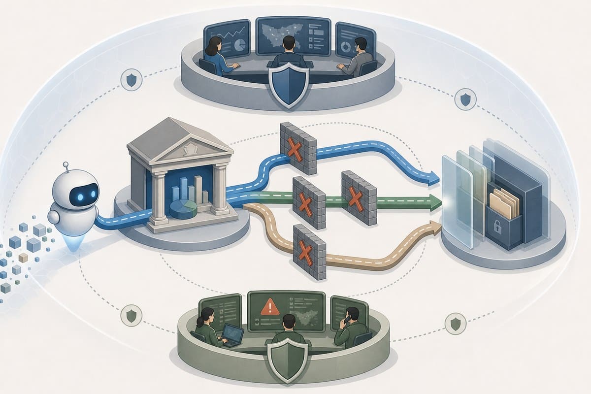 Diagram-like illustration of an AI agent trying alternate routes after access controls block it.