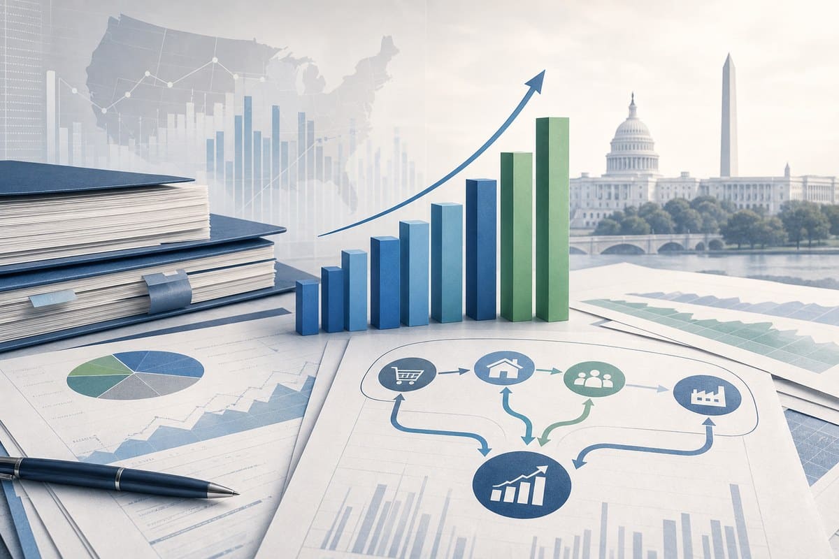 Abstract economic report with rising bars and layered statistical documents.