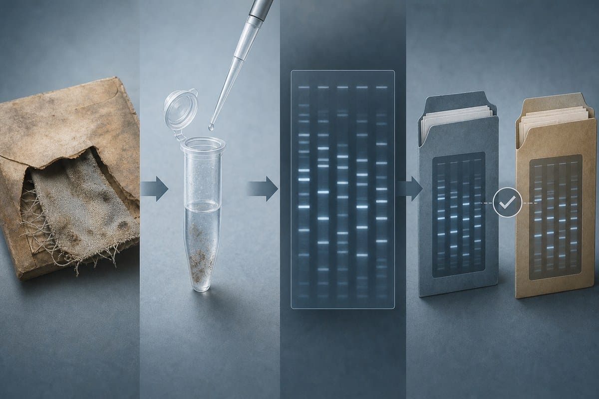 Conceptual illustration of aged evidence being processed into DNA profiles for comparison between two case files.