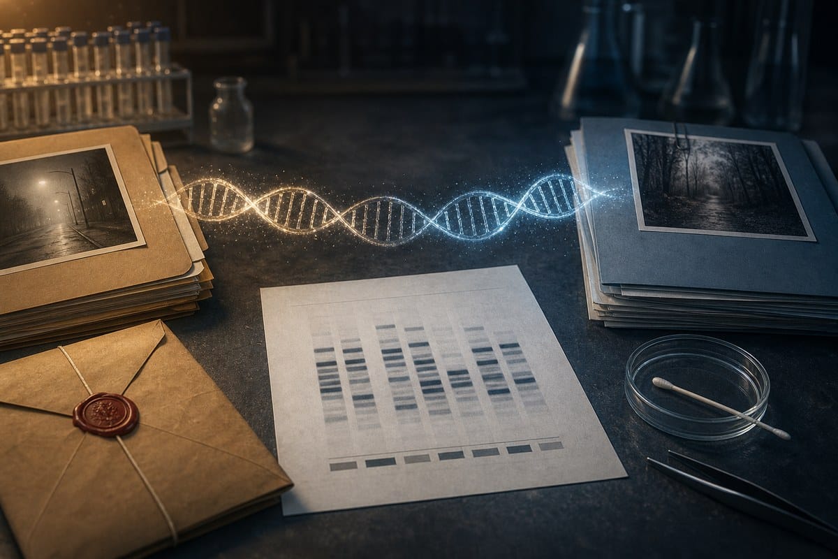 A forensic evidence envelope and two case folders connected by a glowing DNA strand.