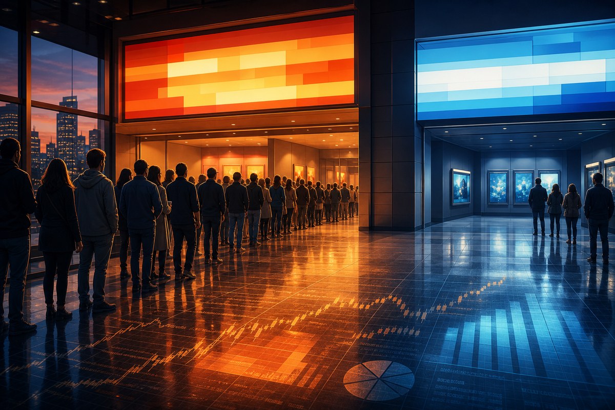 An illustrated cinema lobby with crowded and sparse theater lines beneath abstract glowing marquees.