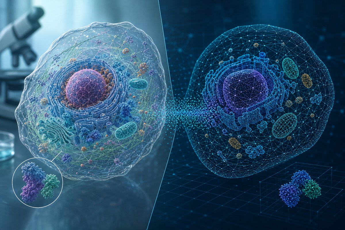 Illustration comparing a biological cell with a computer-based cell simulation