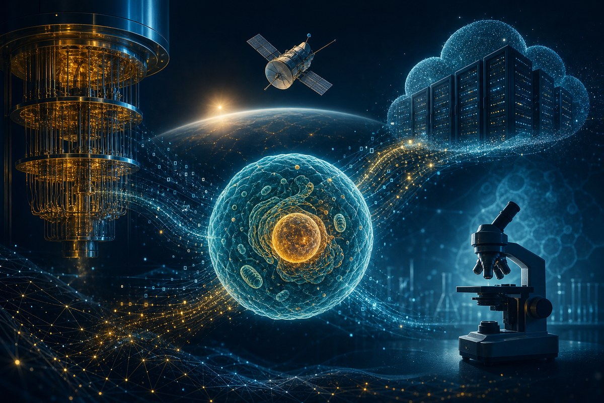Abstract cell model connected by data streams to computing, quantum and space research symbols