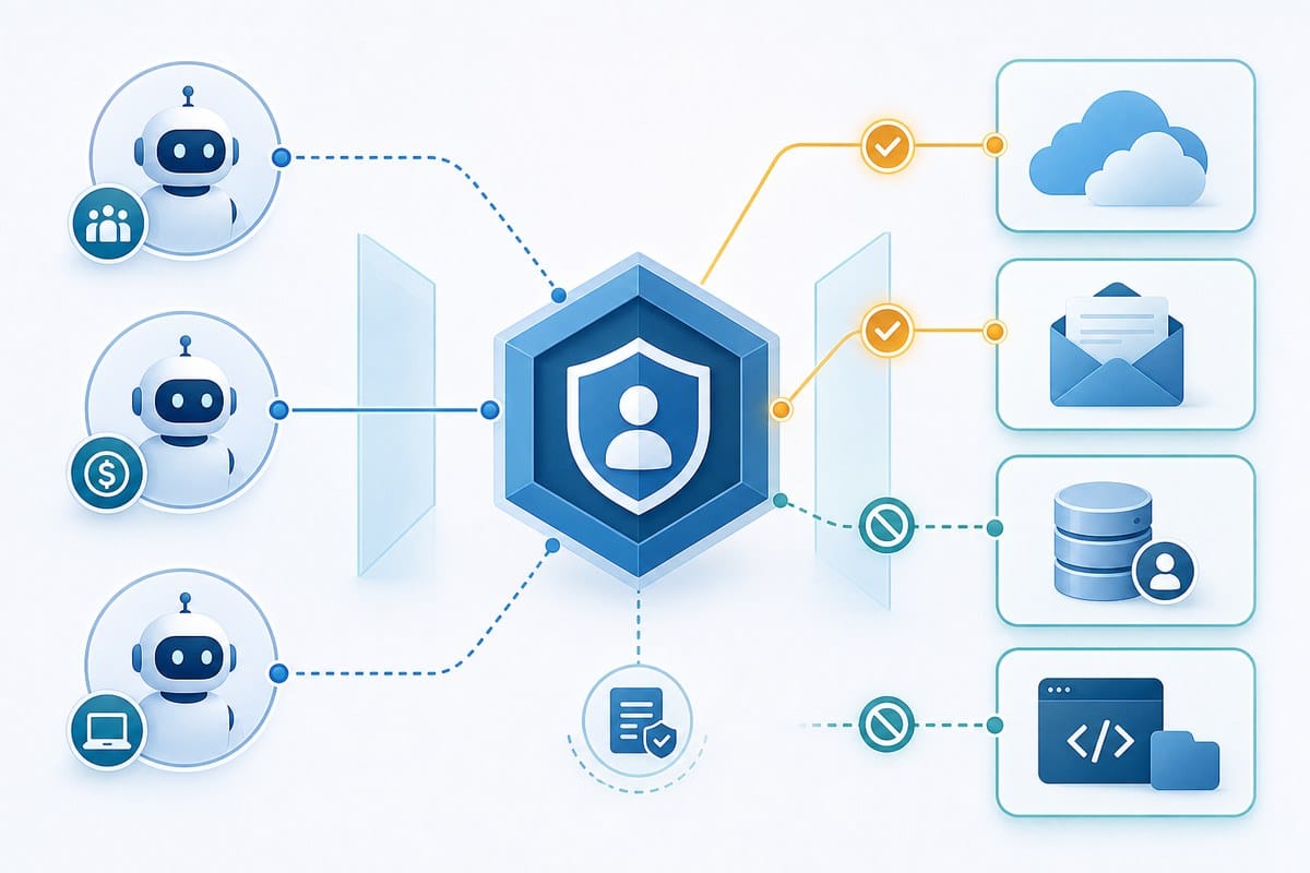 Diagram showing AI agents reaching enterprise systems through an identity-governance checkpoint.