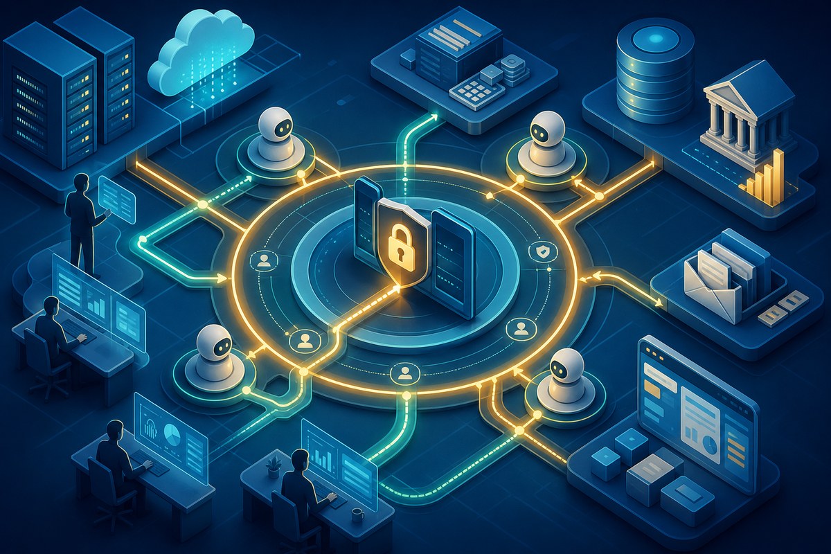 Abstract enterprise network with human and AI agent nodes passing through a central access-control gate.