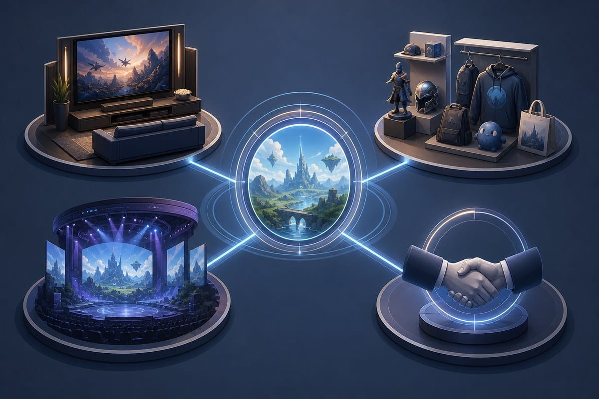 A conceptual illustration showing four branches of game franchise expansion: screens, products, live venues and partnerships.