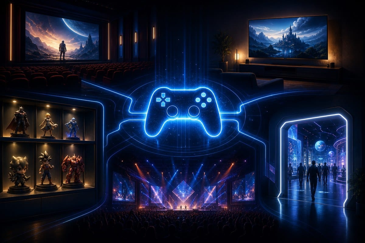 A game controller silhouette connected to screens, merchandise, a stage and an immersive venue.